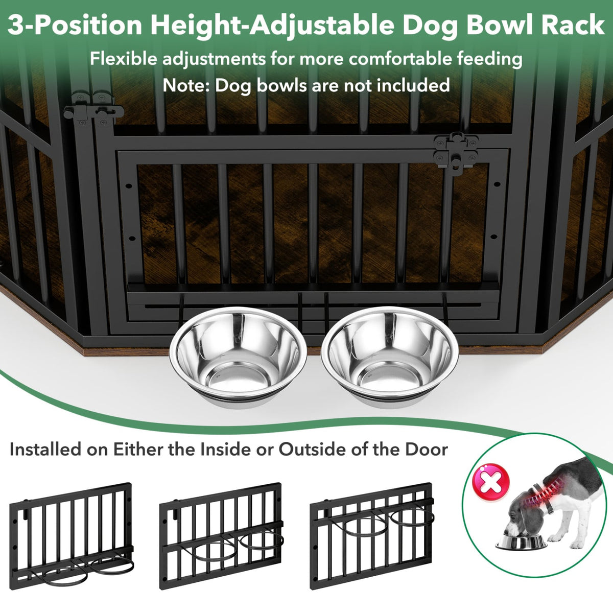 35.5 inches Wooden Dog Kennel End Table with 3-Position Dog Bowl Rack-Rustic Brown