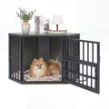 35.5 inches Wooden Dog Kennel End Table with 3-Position Dog Bowl Rack-Oak