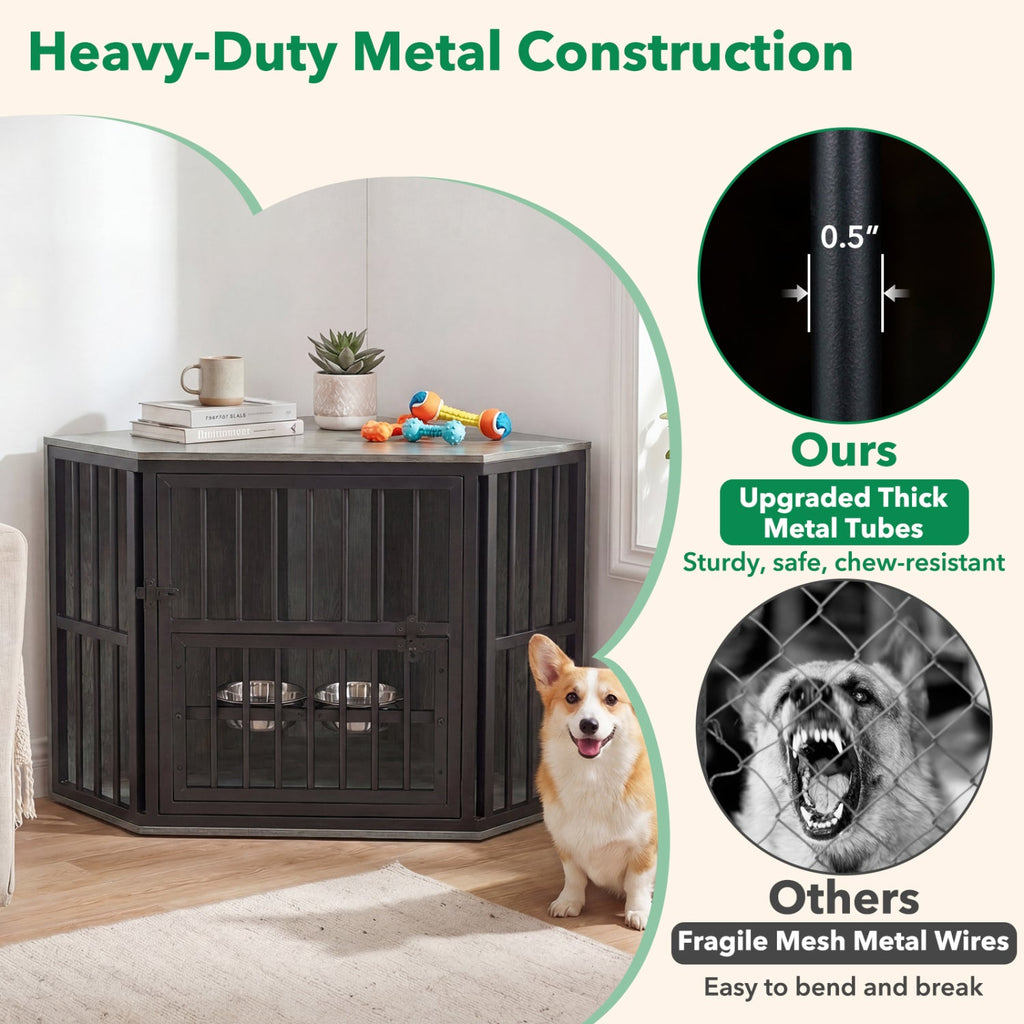 35.5 inches Wooden Dog Kennel End Table with 3-Position Dog Bowl Rack-Oak