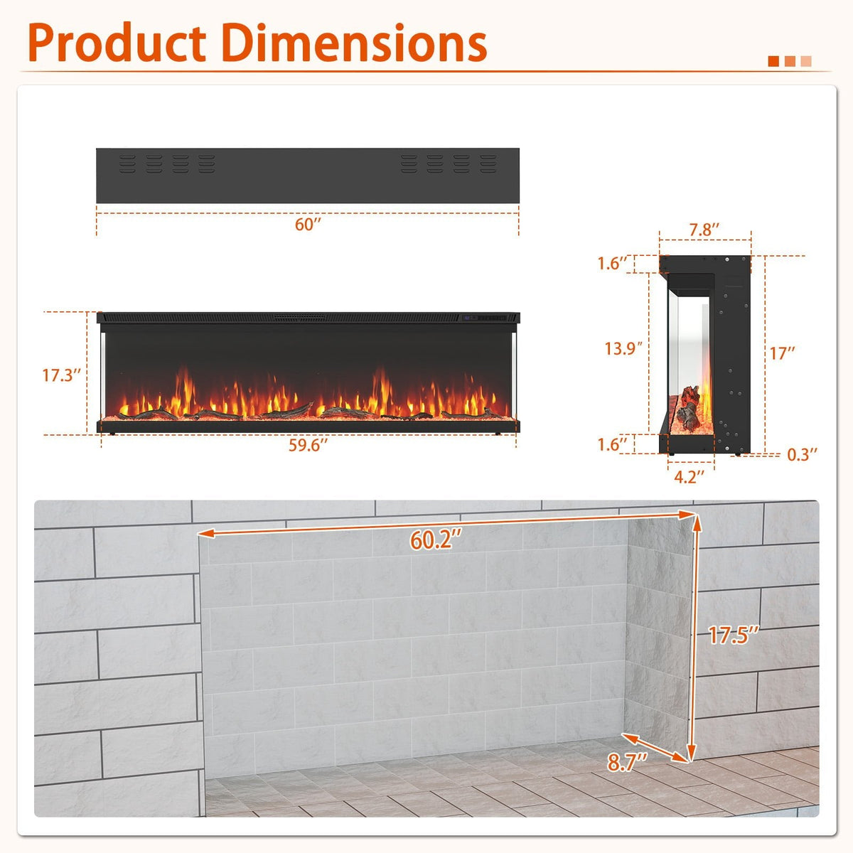 36/40/50/60 Inch Wide 3-Sided Electric Fireplace Insert with Remote Control and 12 Flame Colors-60 inch