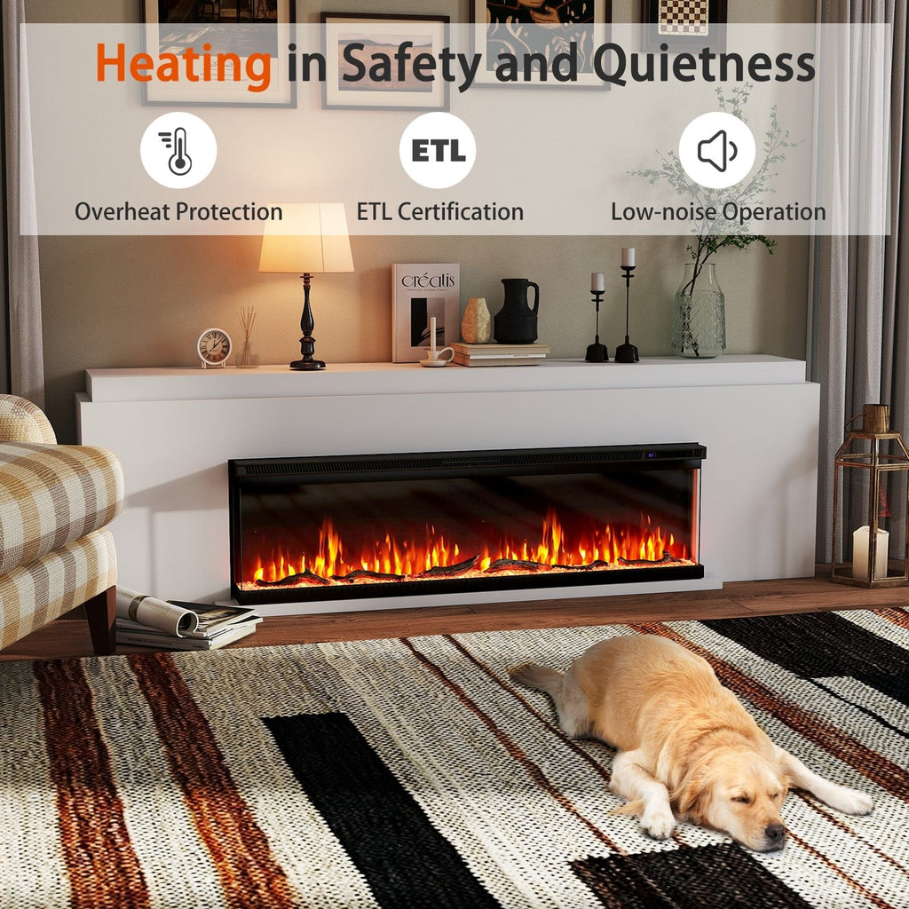 36/40/50/60 Inch Wide 3-Sided Electric Fireplace Insert with Remote Control and 12 Flame Colors-60 inch