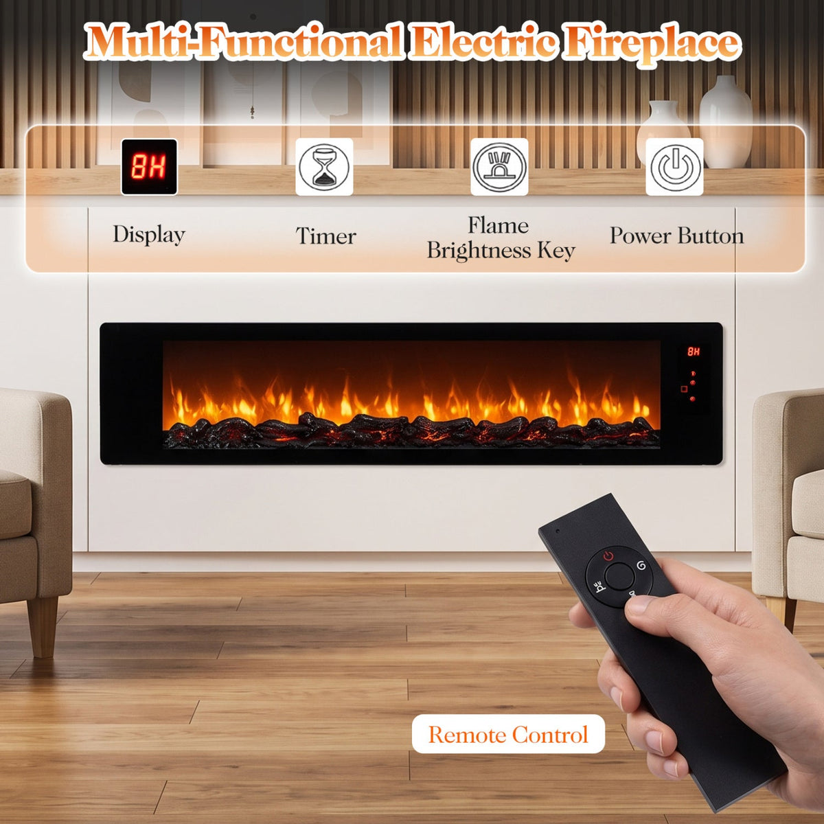 36 inches Electric Fireplace with 5-Level Adjustable Brightness and Speed