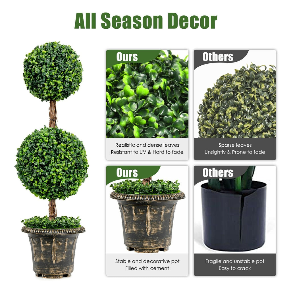 36 Inch Artificial Double Ball Topiary Tree, UV Resistant PE in a 10 Inch Pot