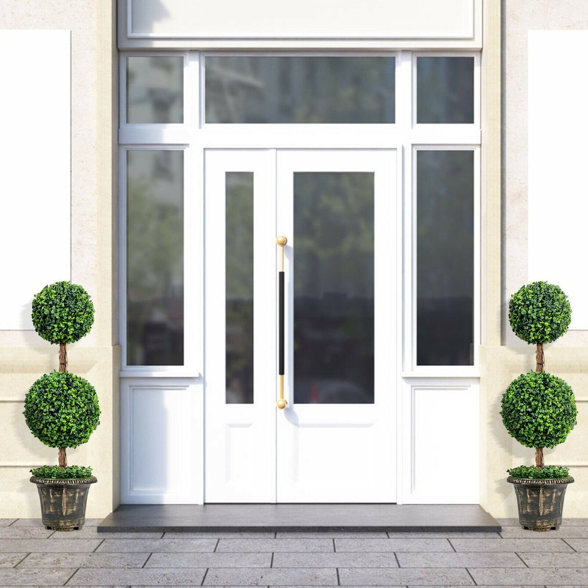 36 Inch Artificial Double Ball Topiary Tree, UV Resistant PE in a 10 Inch Pot