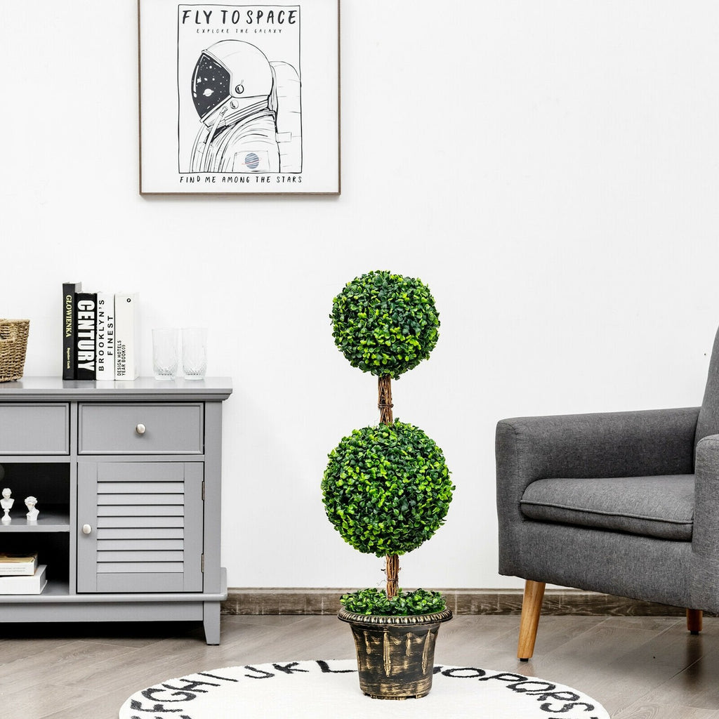 36 Inch Artificial Double Ball Topiary Tree, UV Resistant PE in a 10 Inch Pot