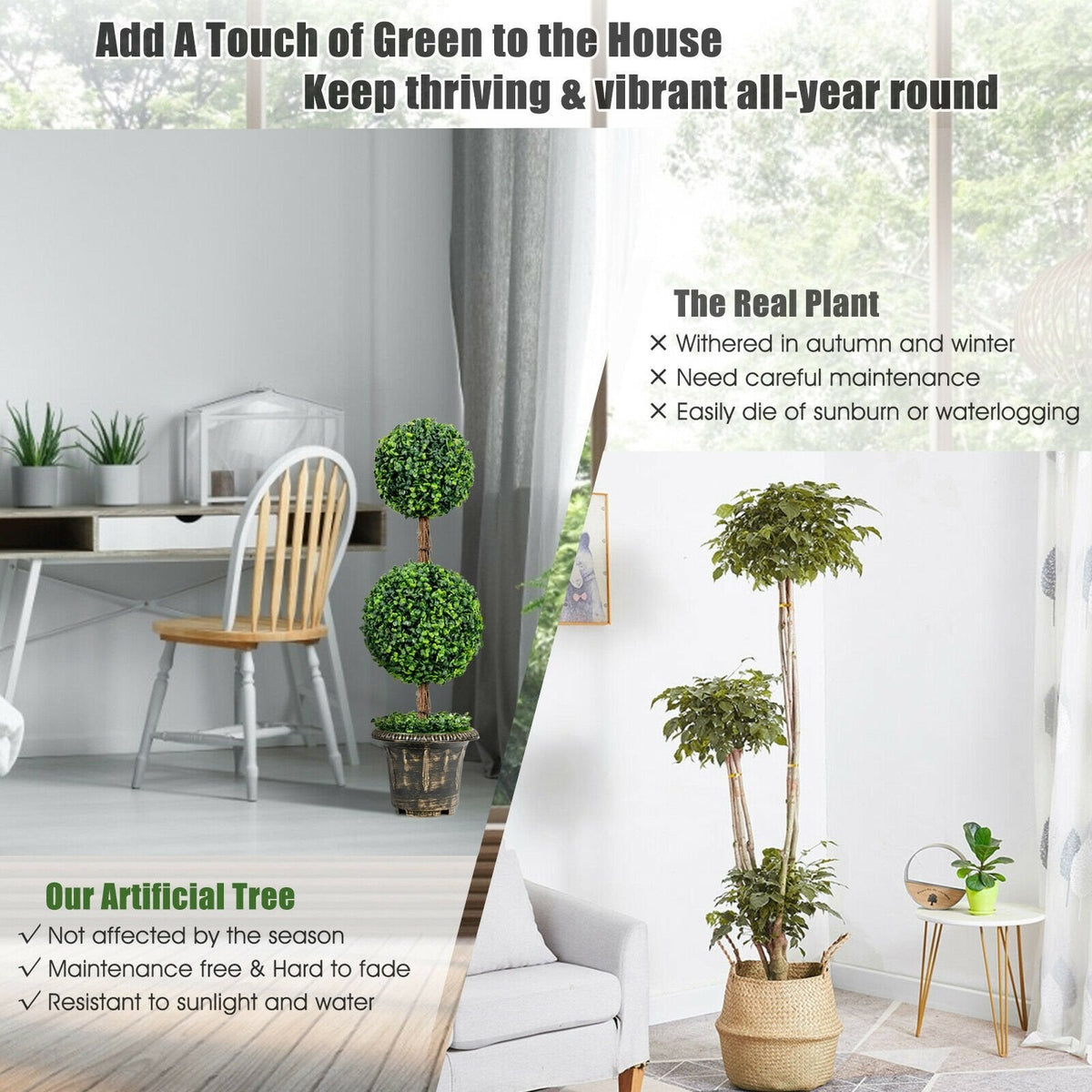 36 Inch Artificial Double Ball Topiary Tree, UV Resistant PE in a 10 Inch Pot