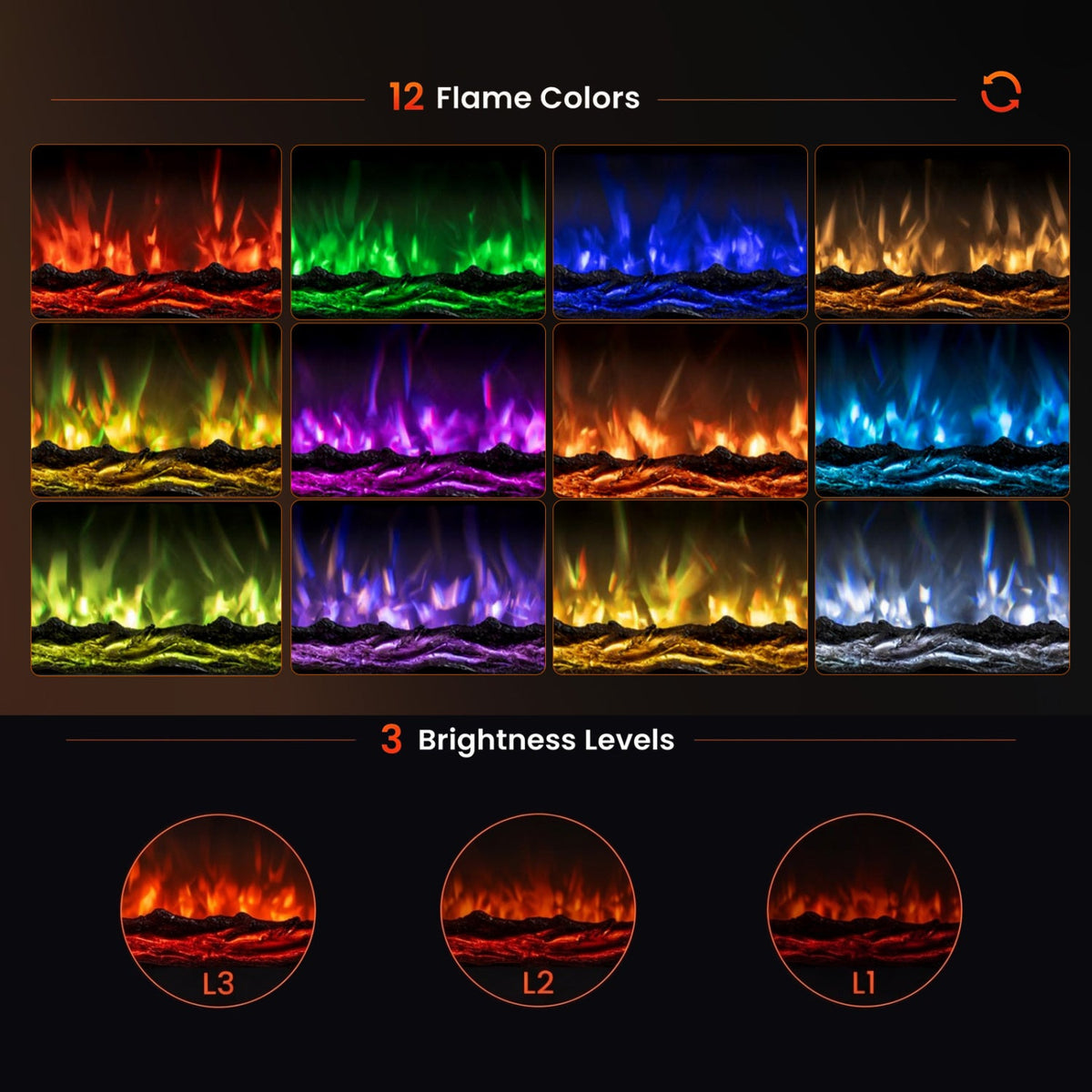 36 Inch Recessed Electric Fireplace Heater with Adjustable Flame Colors & Brightness