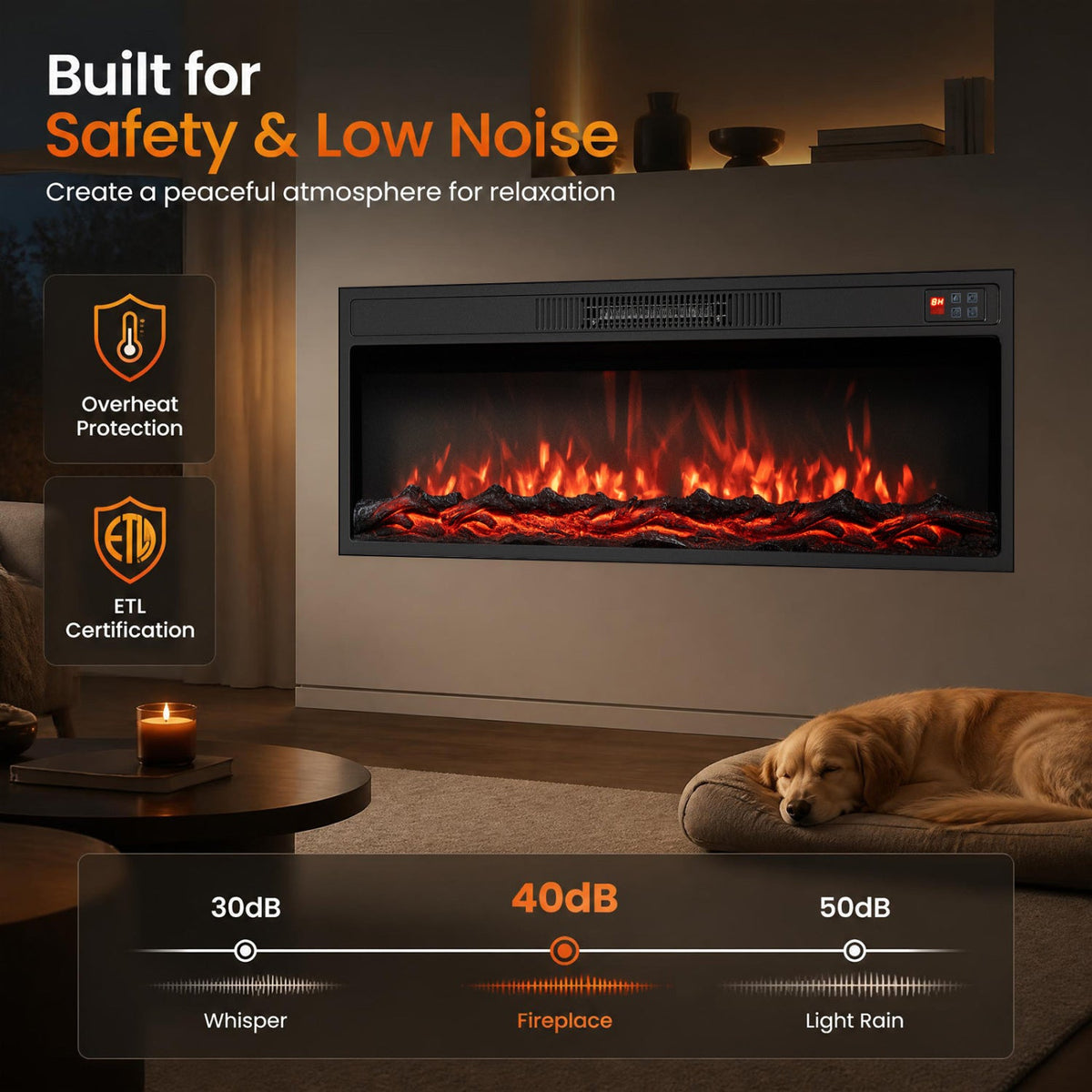 36 Inch Recessed Electric Fireplace Heater with Adjustable Flame Colors & Brightness