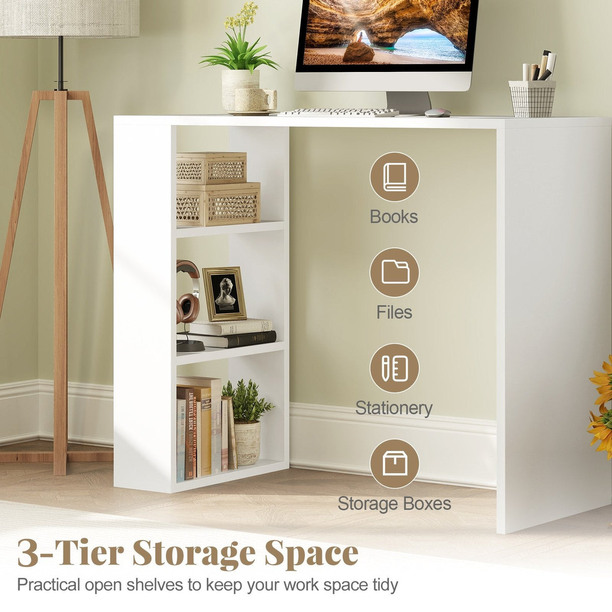 36 Inch White Computer Desk with 3 Open Shelves for Home Office Study-White