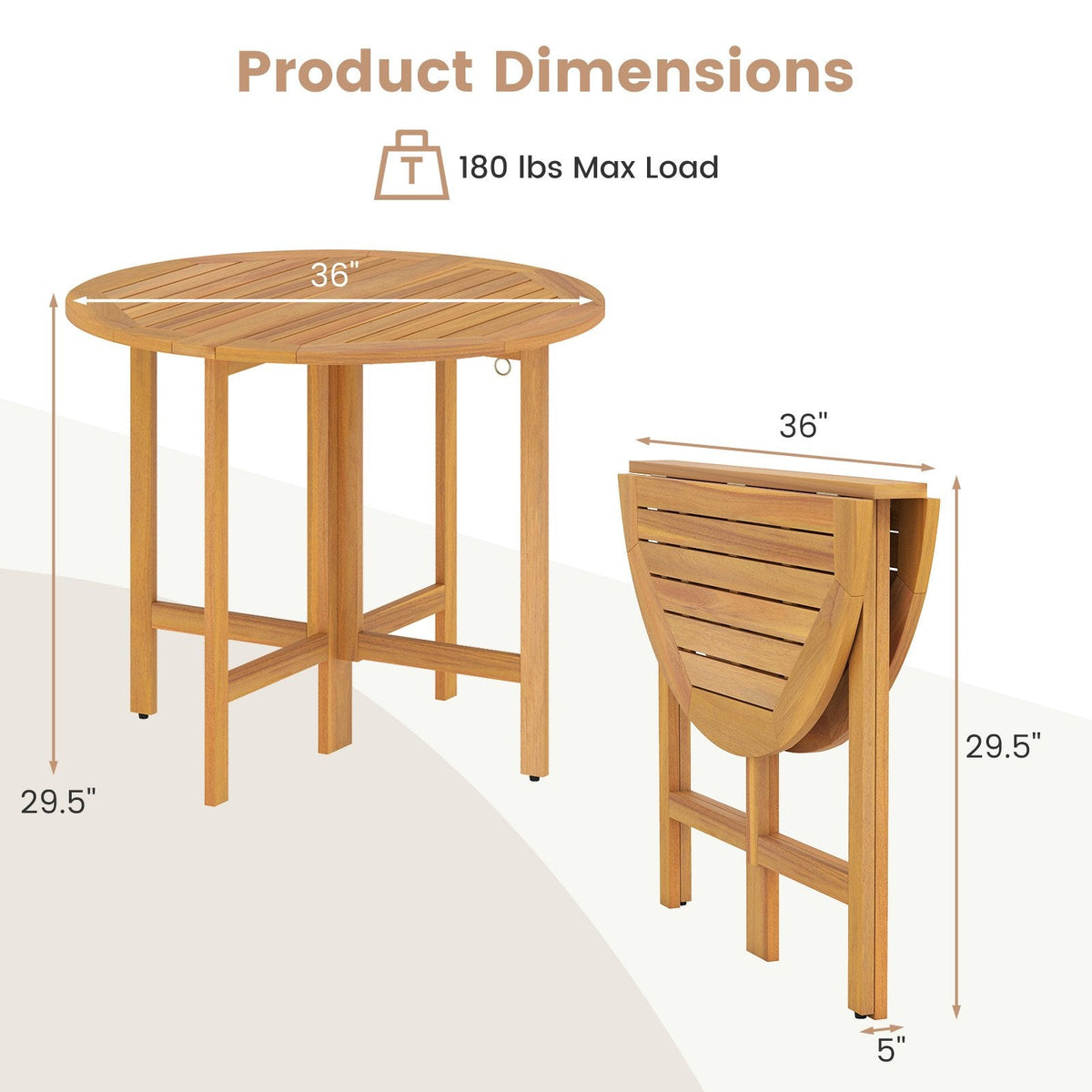 36 Inches Outdoor Folding Round Dining Table with Slatted Tabletop [Best Seller in the US]