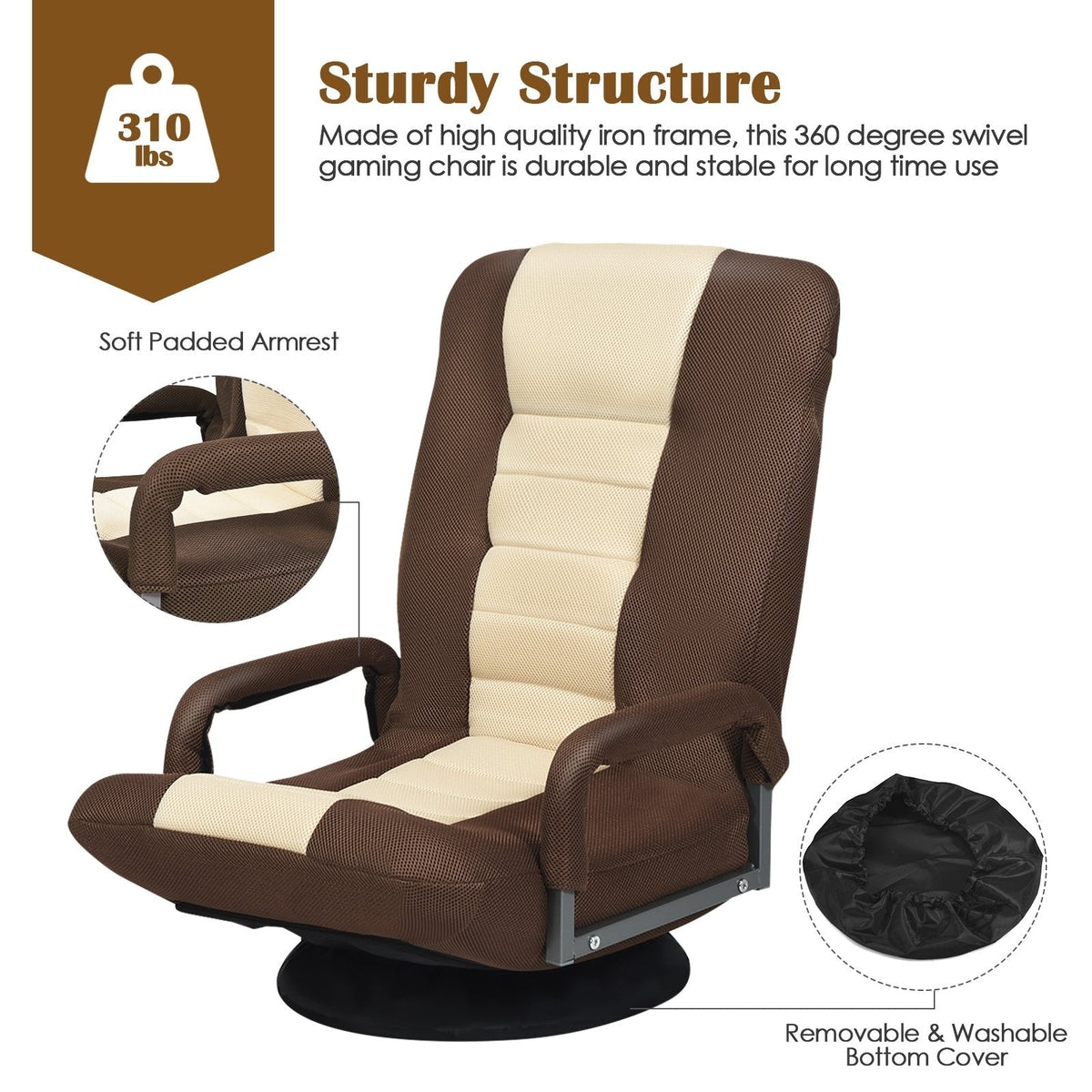 360-Degree Swivel Gaming Floor Chair with Foldable Adjustable Backrest-Brown