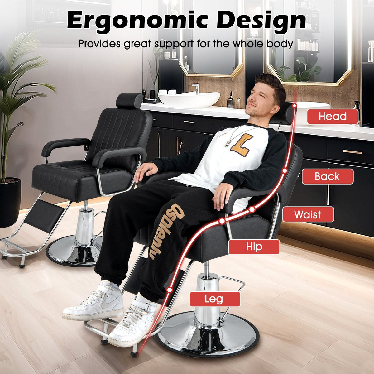 360 Degrees Swivel Salon Hydraulic Barber Chair with Adjustable Headrest and Reclining Backrest-Black