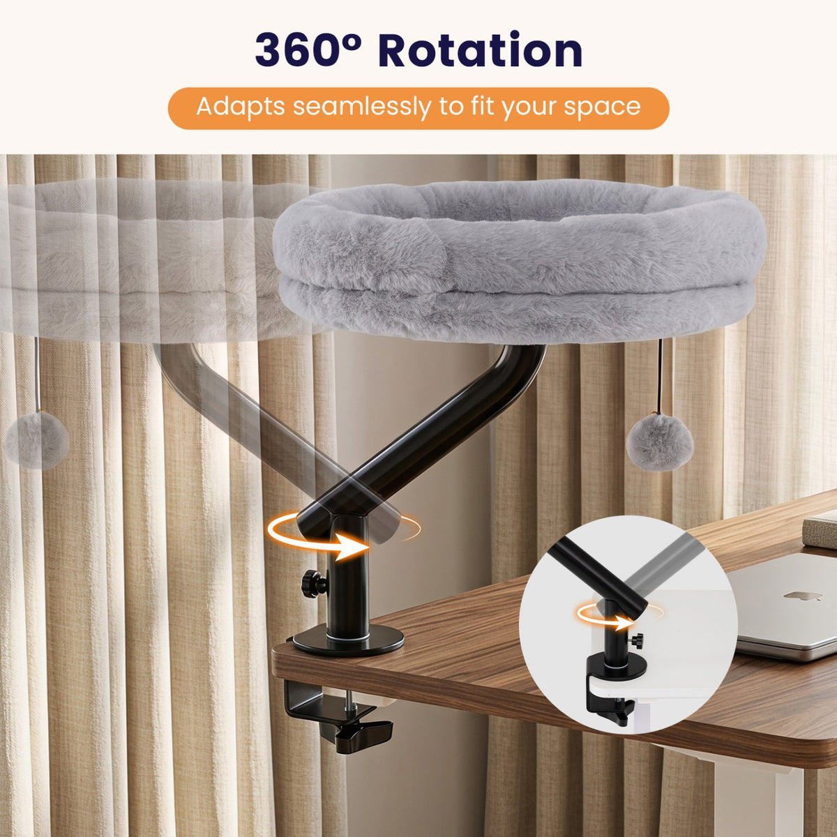 360° Rotating Cat Desk Bed for Indoor Cats with Removable Perch-Gray