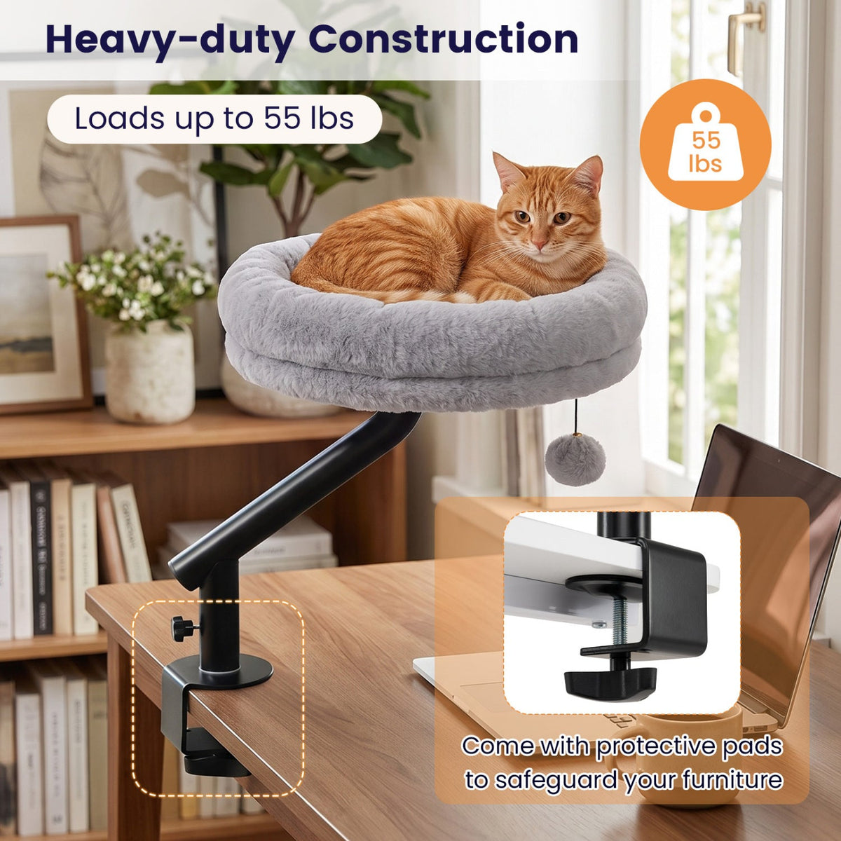 360° Rotating Cat Desk Bed for Indoor Cats with Removable Perch-Gray