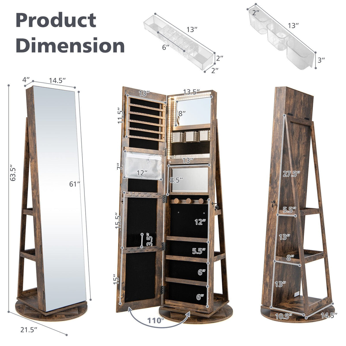 360° Rotating Mirrored Jewelry Cabinet Armoire 3 Color LED Modes Lockable-Brown