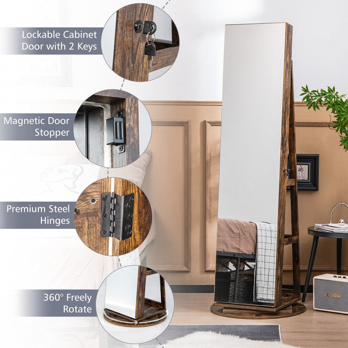 360° Rotating Mirrored Jewelry Cabinet Armoire 3 Color LED Modes Lockable-Brown