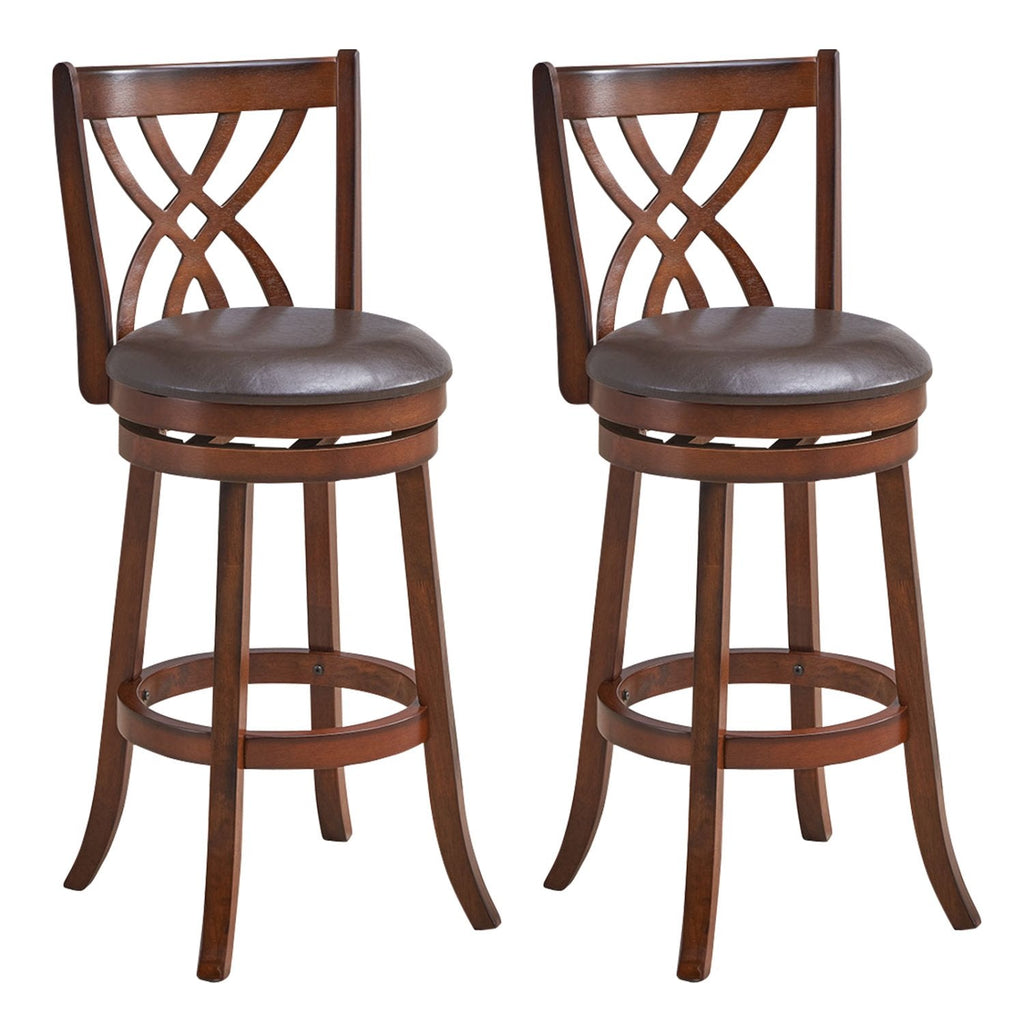 Set of 2 Swivel Bar Stools with Hollow Scroll Back and PU Leather Seat, 30 Inch Seat Height