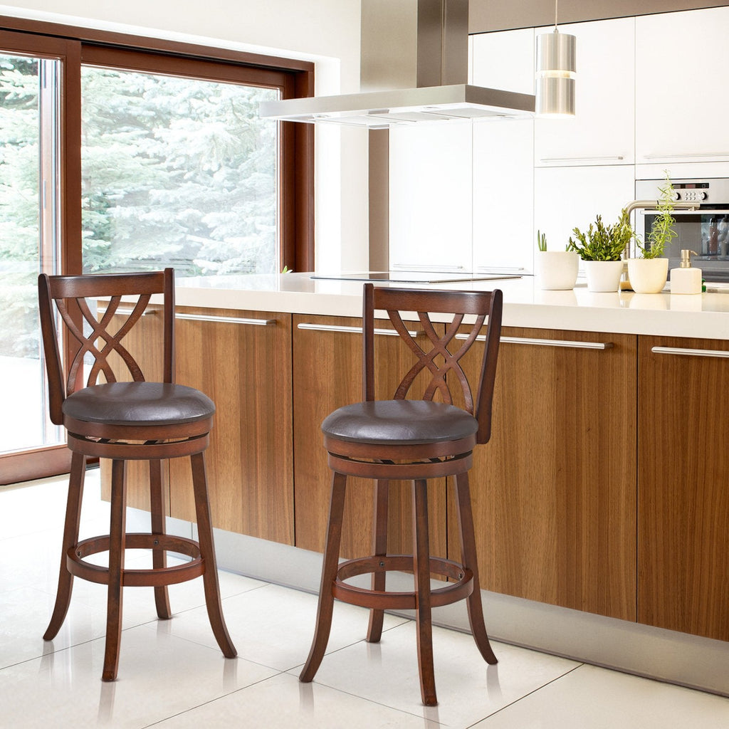 Set of 2 Swivel Bar Stools with Hollow Scroll Back and PU Leather Seat, 30 Inch Seat Height
