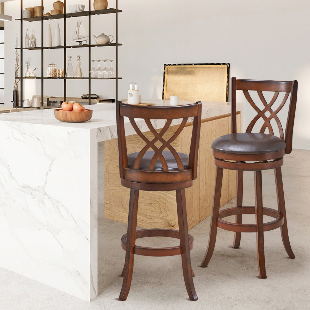 Set of 2 Swivel Bar Stools with Hollow Scroll Back and PU Leather Seat, 30 Inch Seat Height