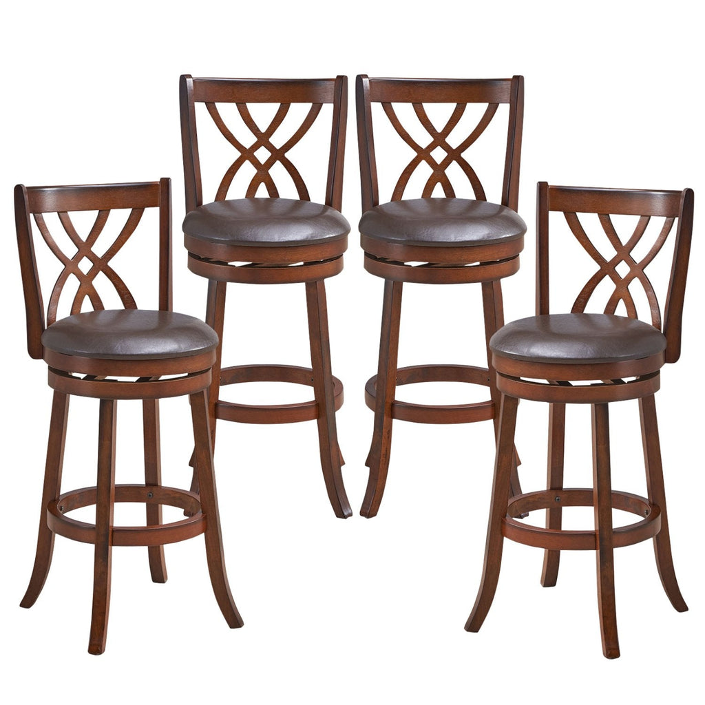 Set of 2 Swivel Bar Stools with Hollow Scroll Back and PU Leather Seat, 30 Inch Seat Height