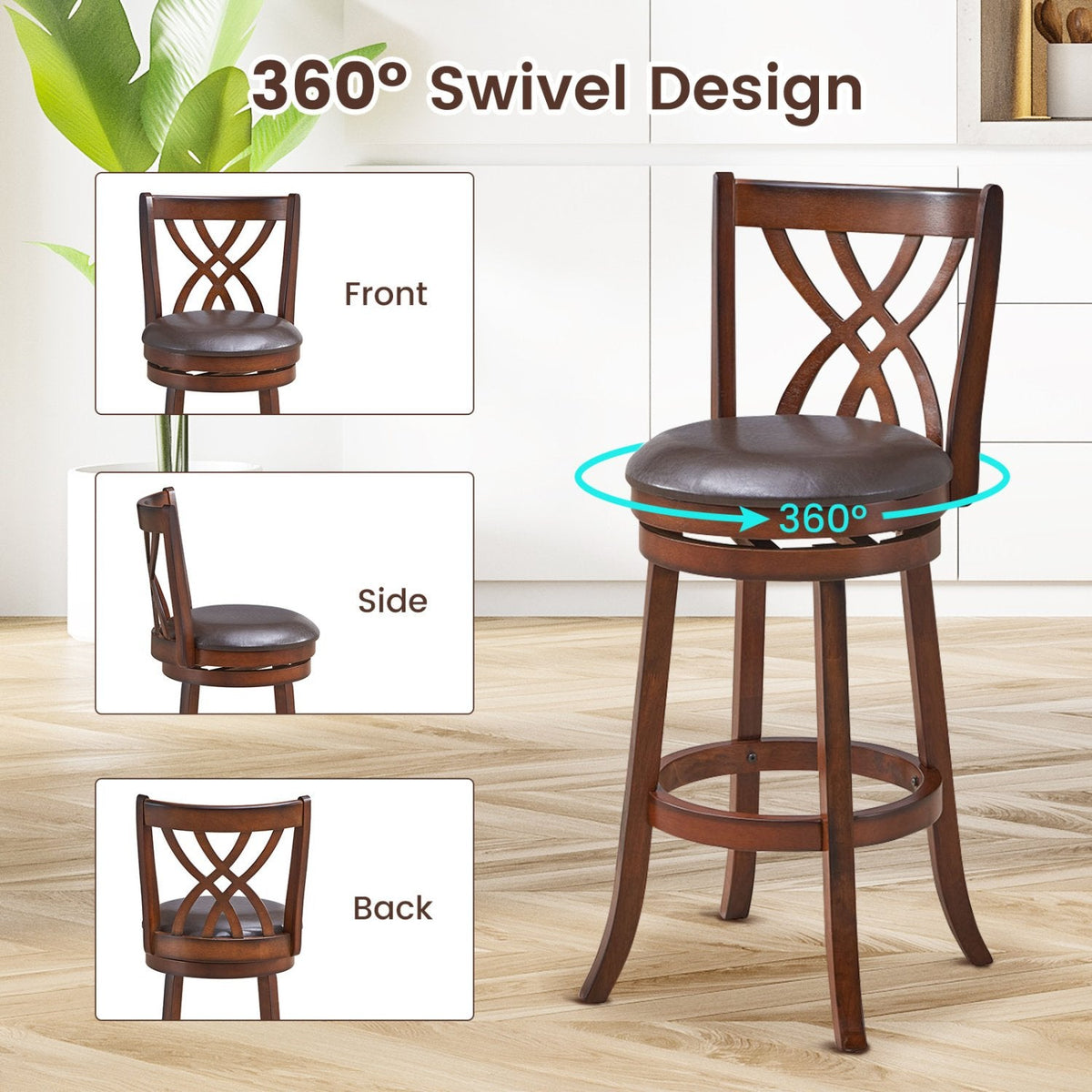 Set of 2 Swivel Bar Stools with Hollow Scroll Back and PU Leather Seat, 30 Inch Seat Height
