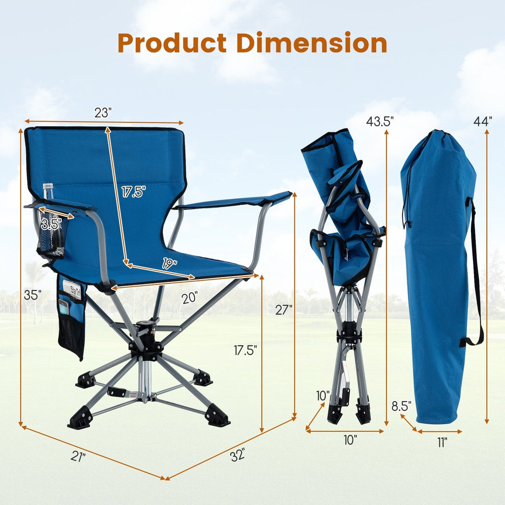 360° Swivel Hunting Chair Portable Foldable Hunting Chair with Mesh Cup Holder and Storage Pockets-Blue