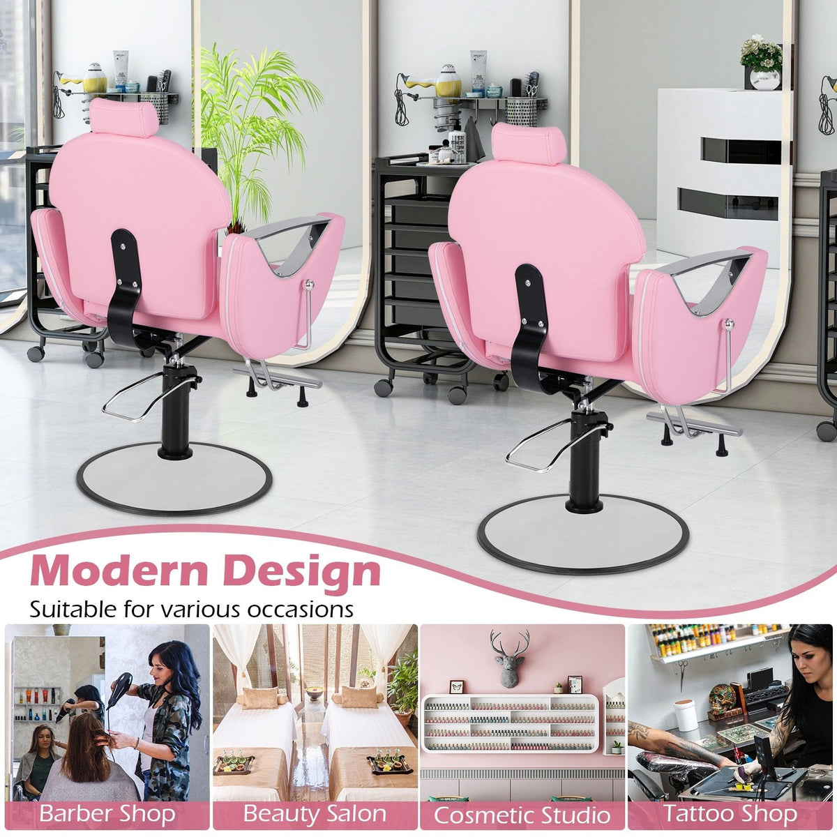 360°Swivel Reclining Salon Chair for Hair Stylist-Pink