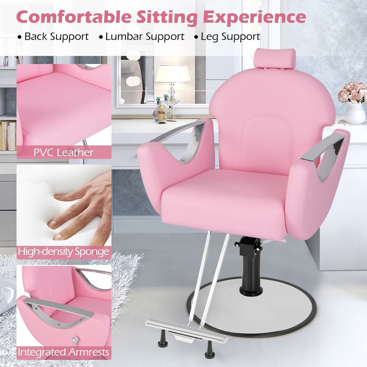 360°Swivel Reclining Salon Chair for Hair Stylist-Pink