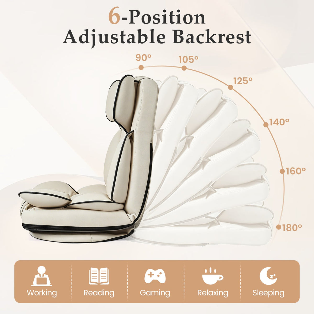 360 Degree Swivel Floor Gaming Chair with 6-Position Adjustable Backrest and Sponge Filling-Beige