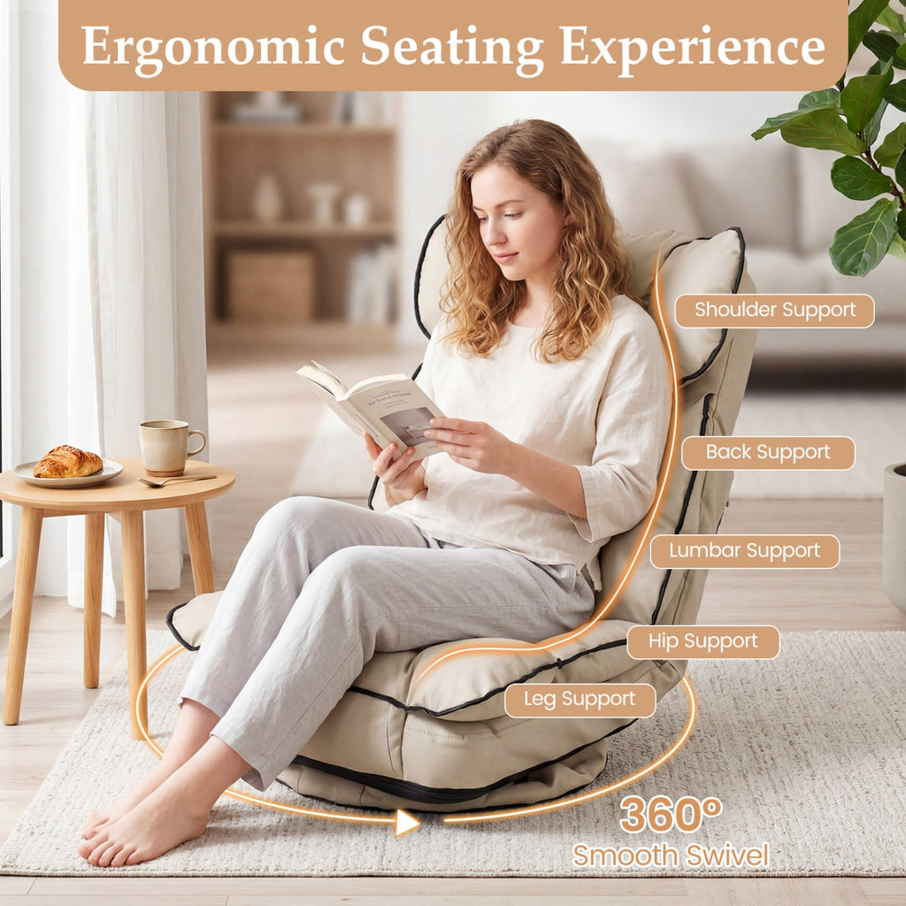 360 Degree Swivel Floor Gaming Chair with 6-Position Adjustable Backrest and Sponge Filling-Beige