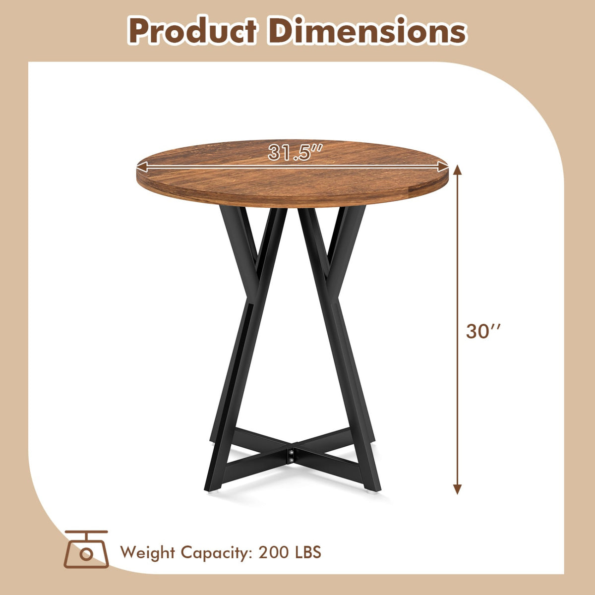 36 Inch Round Dining Table with Metal Pedestal Base-Rustic Brown
