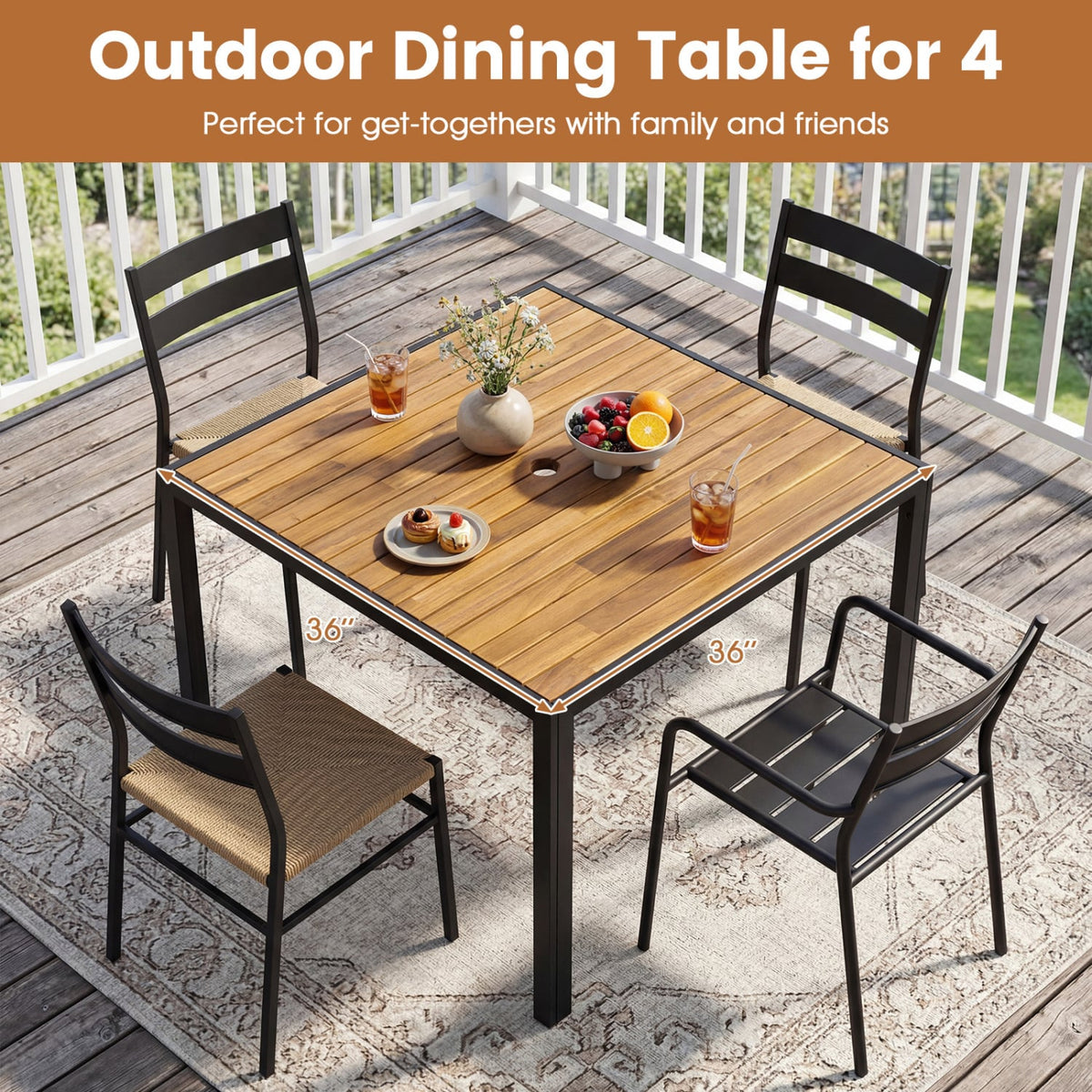 36 Inch Square Outdoor Dining Table for 4 with Slatted Top for Porch