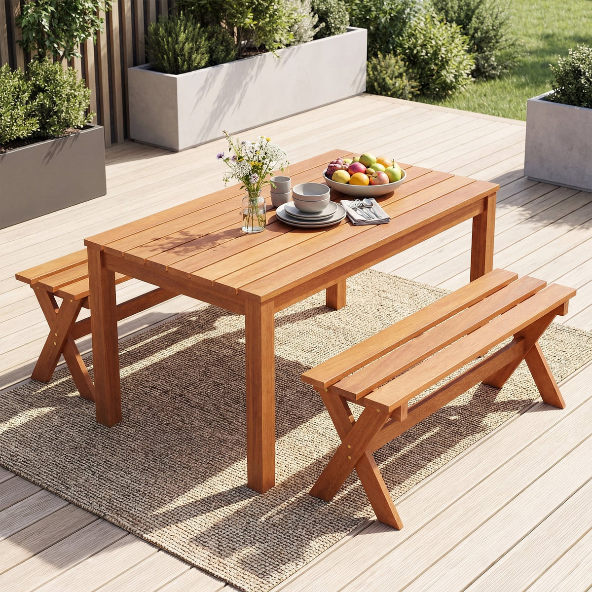 36 inches Outdoor Solid Wood Bench Set of 2 Backless Patio Dining Bench with Teak Oil Finish