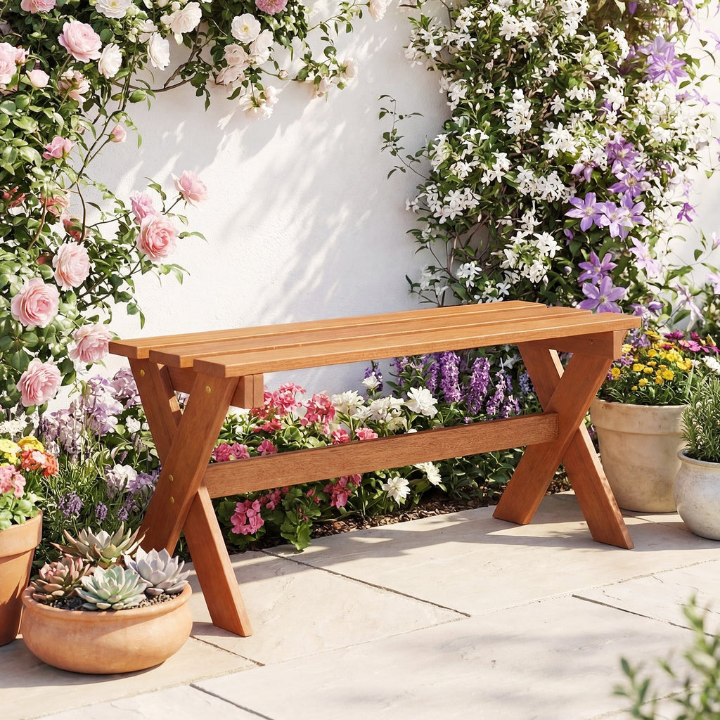 36 inches Outdoor Solid Wood Bench Set of 2 Backless Patio Dining Bench with Teak Oil Finish