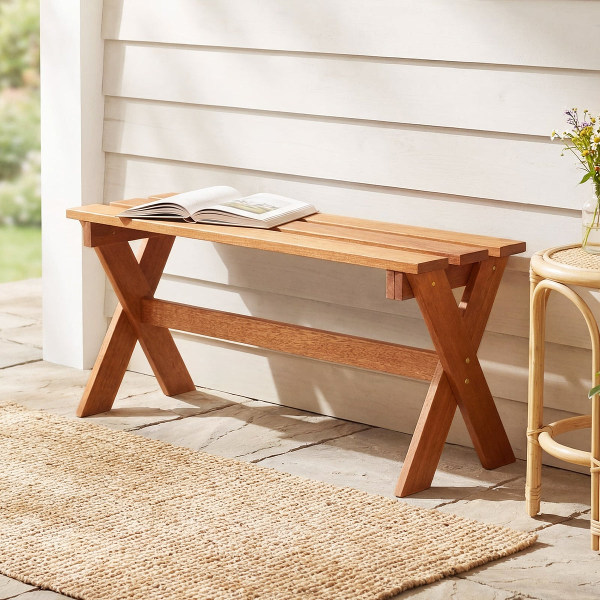 36 inches Outdoor Solid Wood Bench Set of 2 Backless Patio Dining Bench with Teak Oil Finish