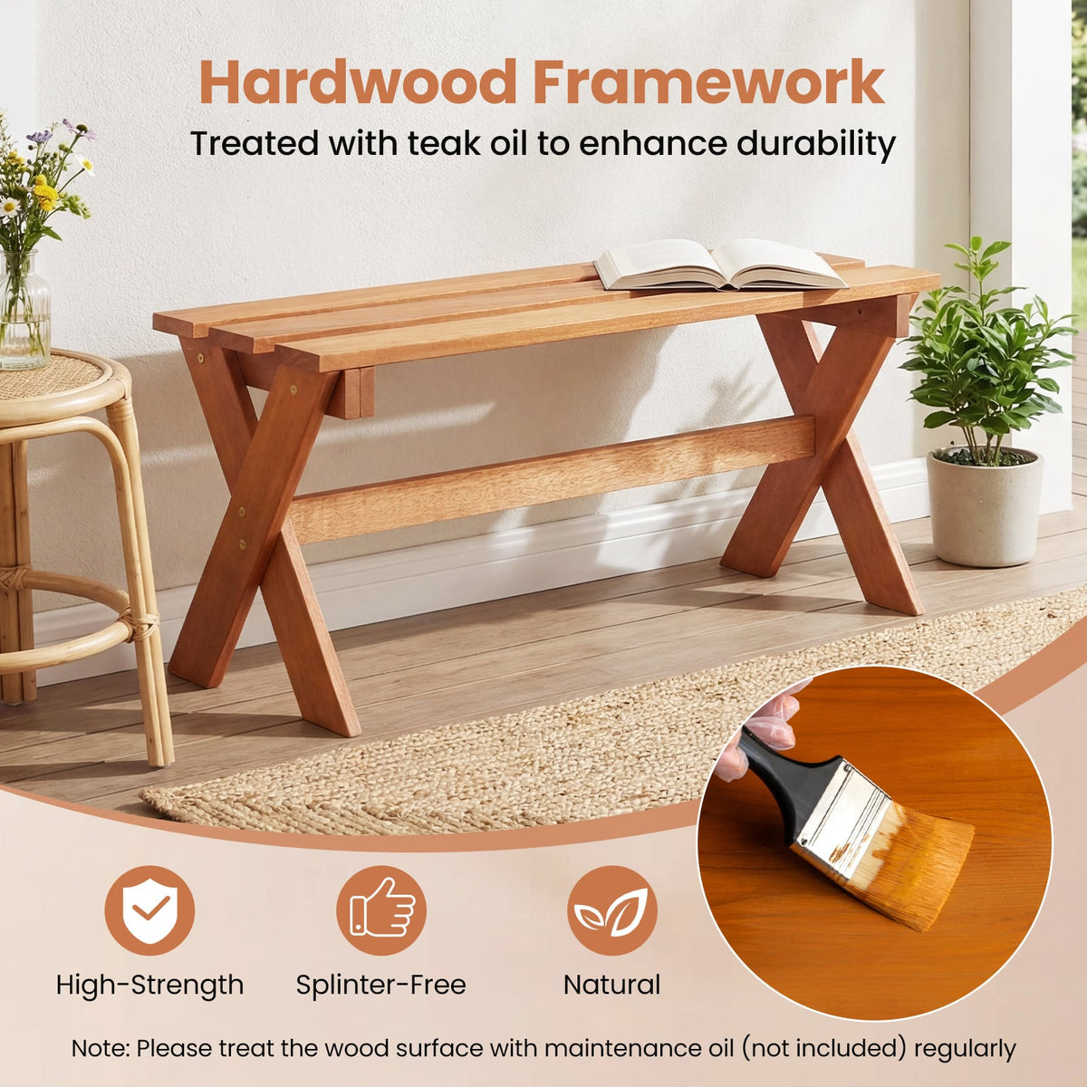 36 inches Outdoor Solid Wood Bench Set of 2 Backless Patio Dining Bench with Teak Oil Finish