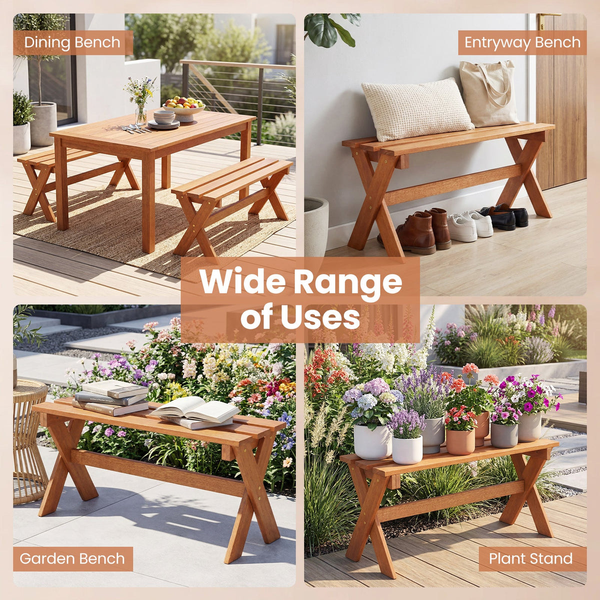 36 inches Outdoor Solid Wood Bench Set of 2 Backless Patio Dining Bench with Teak Oil Finish