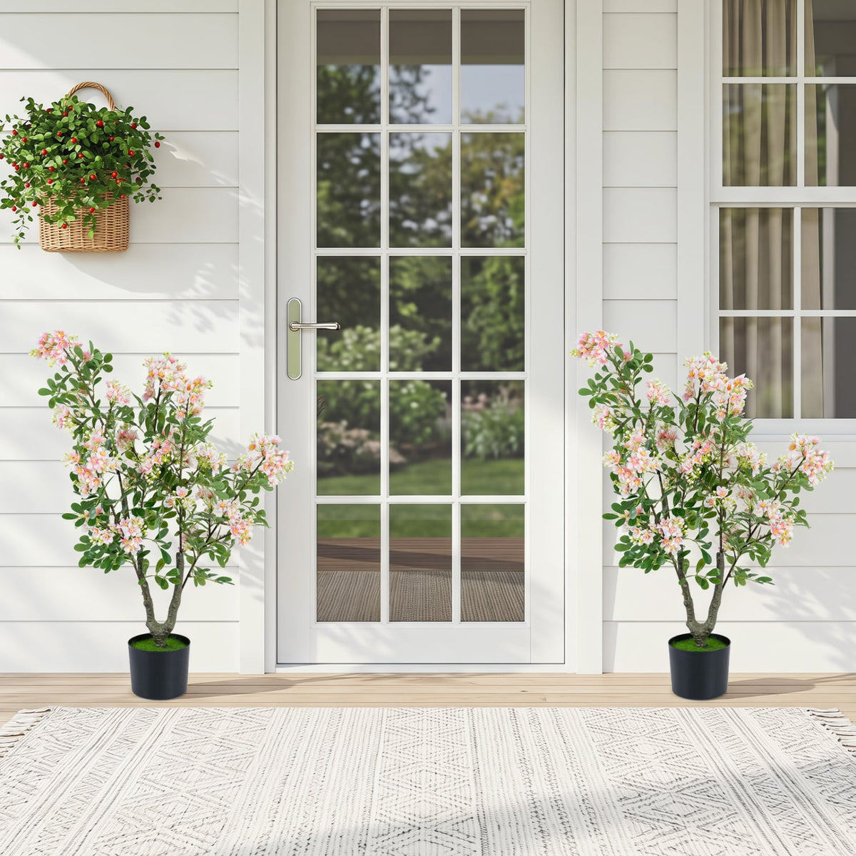 36 inches Set of 2 Artificial Impatiens Tree with Mini Fruits and Silk Flowers-Pink