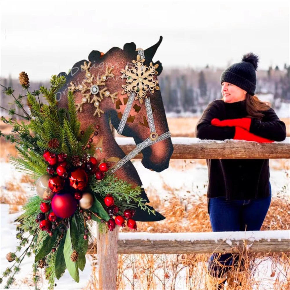 Horse Head Christmas Wreath, Artificial Door Hanging Decor with Balls & Pine Cones