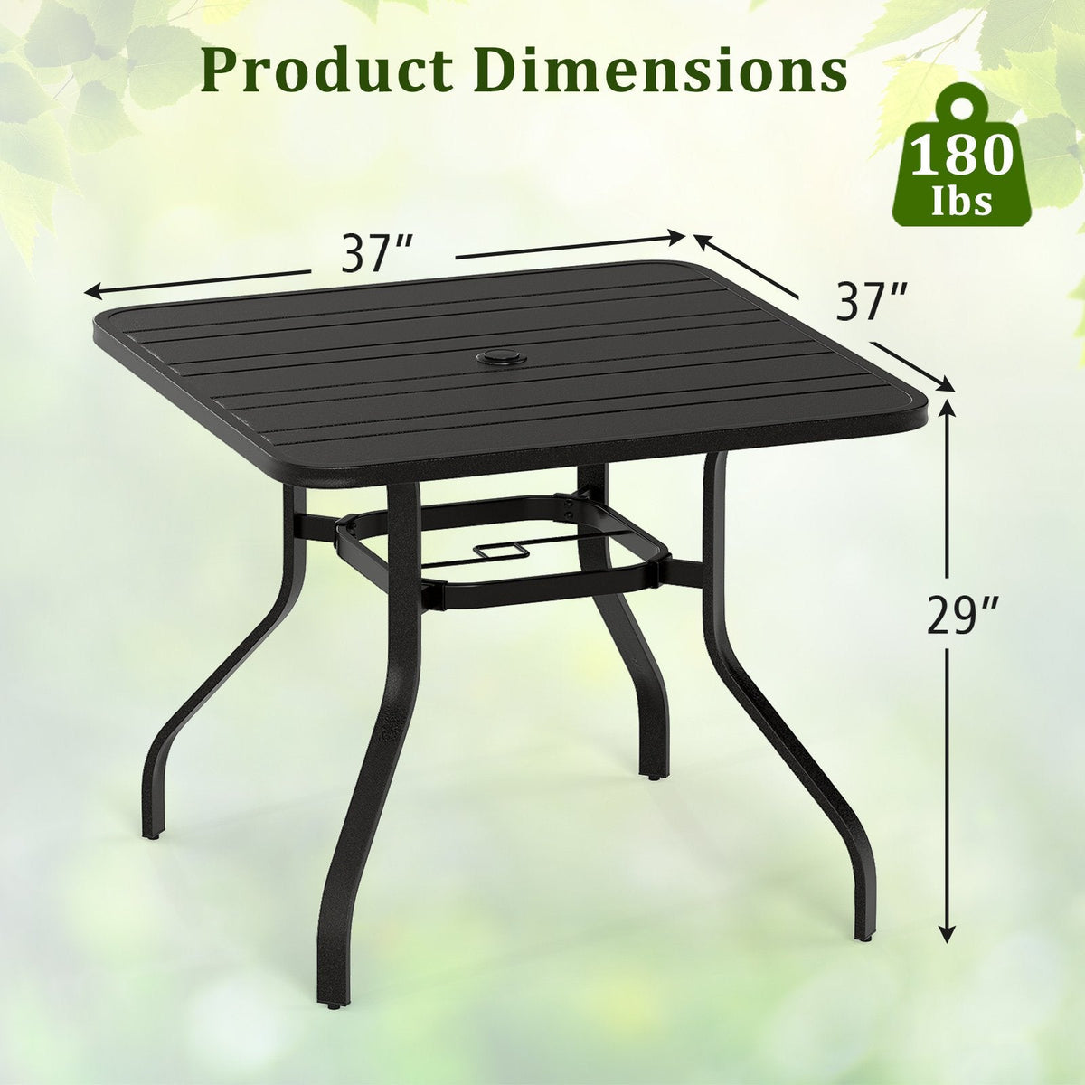 37 Inch Square Patio Dining Table with Umbrella Pole Hole