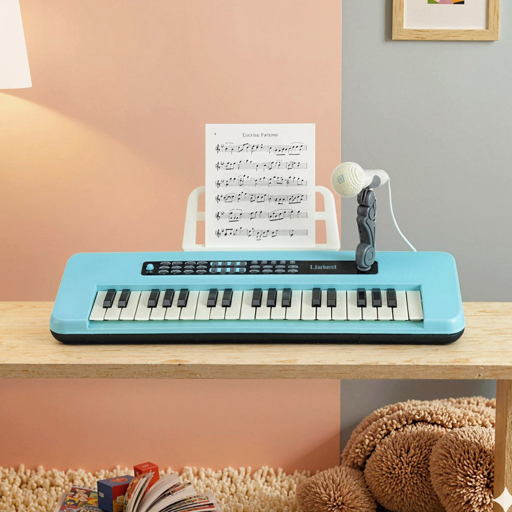37 Keys Kids Piano Keyboard Portable Musical Toy with Microphone and Music Stand-Blue