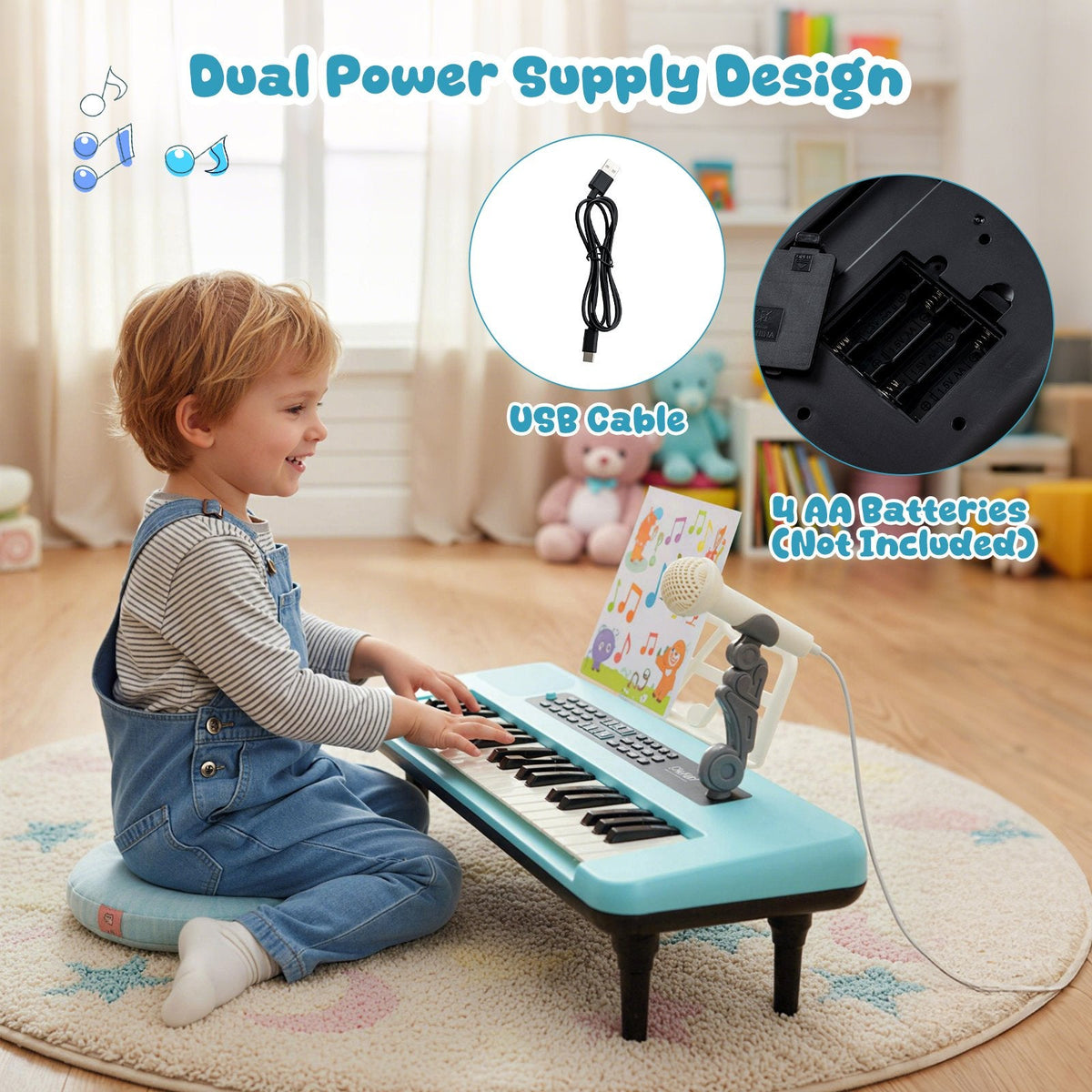 37 Keys Kids Piano Keyboard Portable Musical Toy with Microphone and Music Stand-Blue
