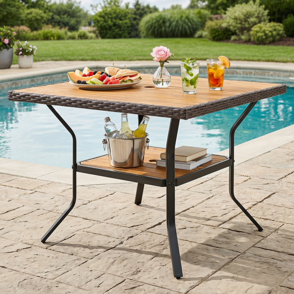 37 inches Square Outdoor Dining Table for 4 with Acacia Wood Tabletop and 2 inches Umbrella Hole-Brown