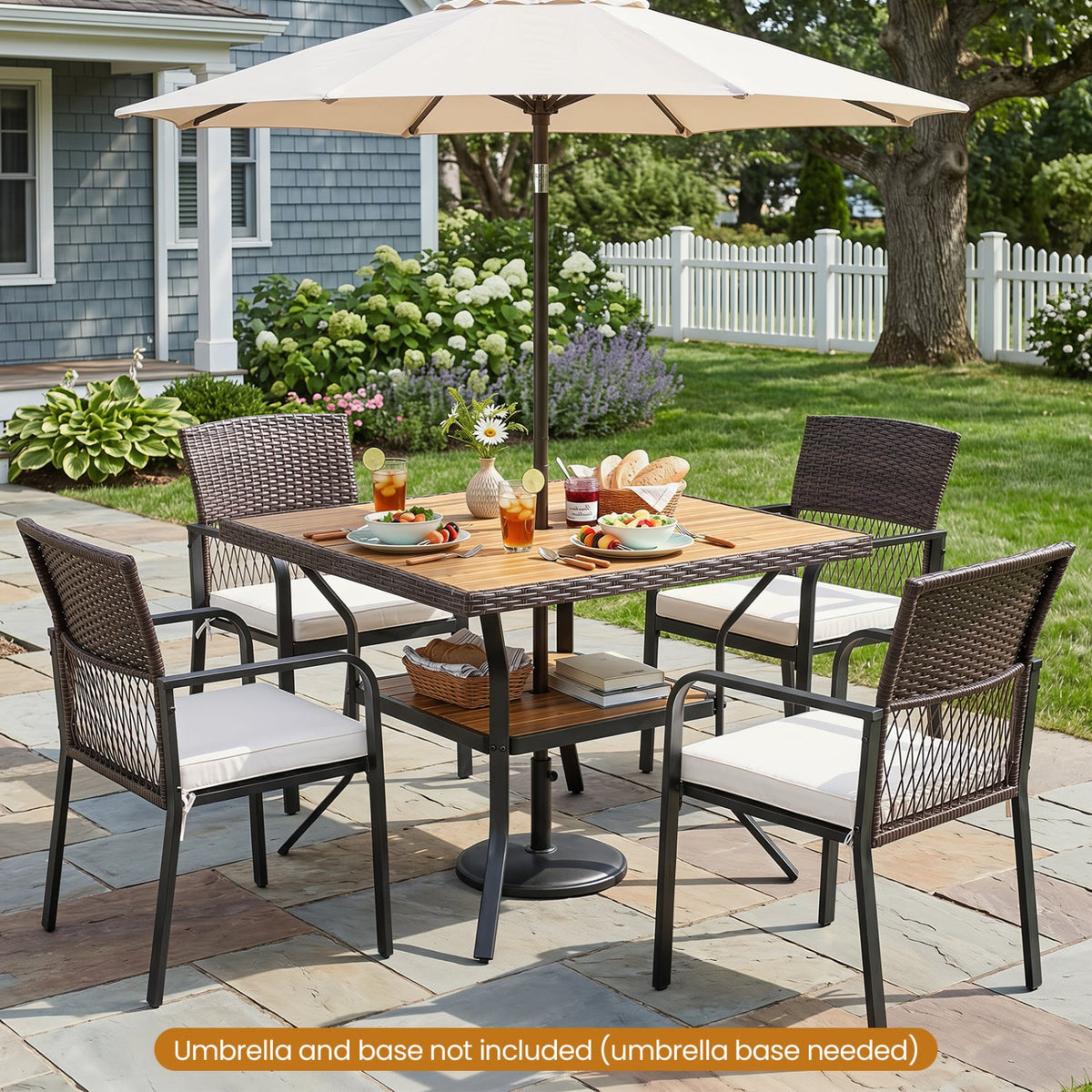 37 inches Square Outdoor Dining Table for 4 with Acacia Wood Tabletop and 2 inches Umbrella Hole-Brown