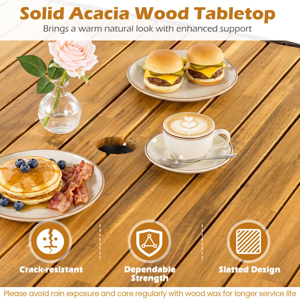 37 inches Square Outdoor Dining Table for 4 with Acacia Wood Tabletop and 2 inches Umbrella Hole-Brown