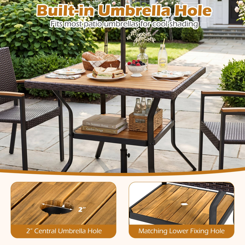 37 inches Square Outdoor Dining Table for 4 with Acacia Wood Tabletop and 2 inches Umbrella Hole-Brown
