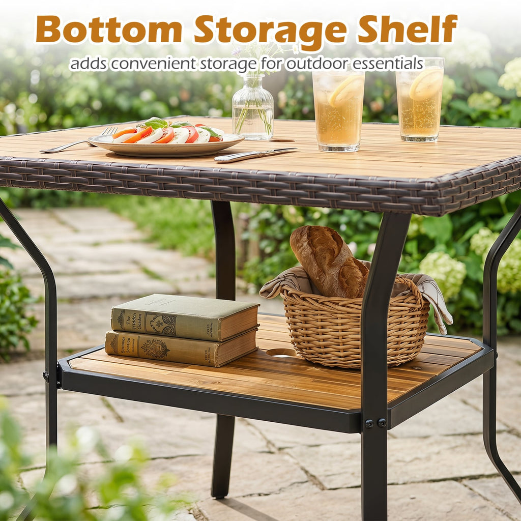 37 inches Square Outdoor Dining Table for 4 with Acacia Wood Tabletop and 2 inches Umbrella Hole-Brown