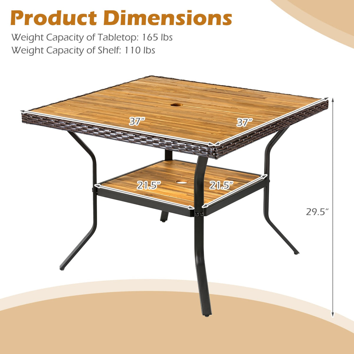 37 inches Square Outdoor Dining Table for 4 with Acacia Wood Tabletop and 2 inches Umbrella Hole-Brown