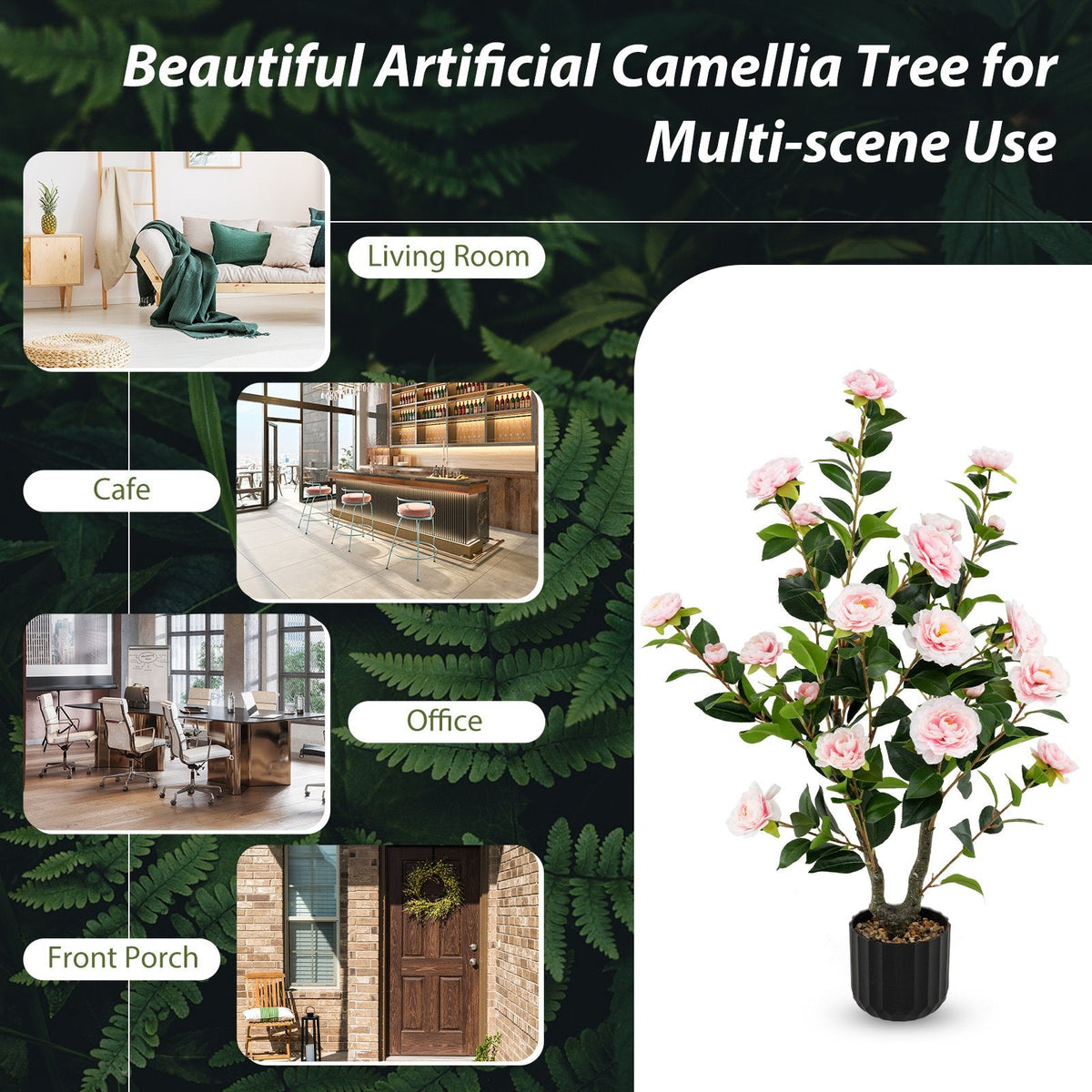 38 Inch Artificial Camellia Tree Faux Flower Plant in Cement Pot 2 Pack-Pink