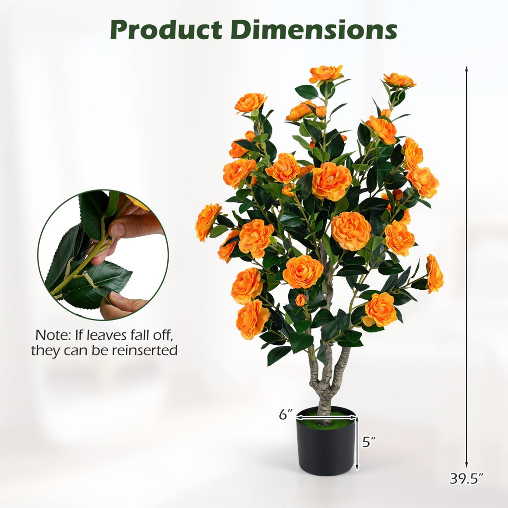 39.5 inches Artificial Camellia Tree with Orange Blossoms in Cement Pot for Home Decoration-Orange